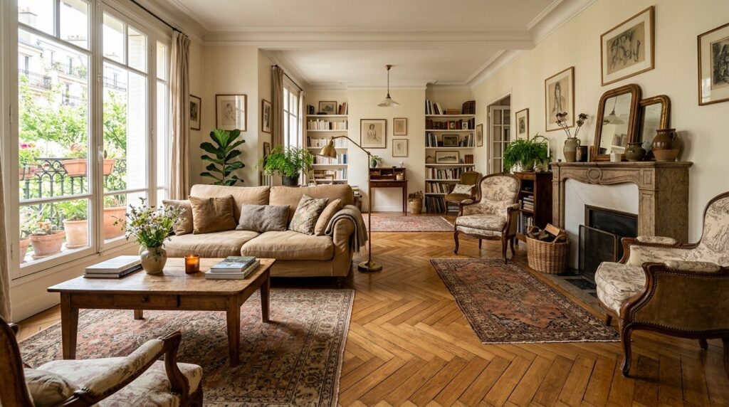 Salon avec parquet en bois en point de Hongrie Salon chaleureux avec parquet en bois en point de Hongrie bien entretenu