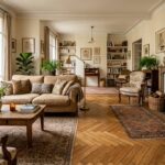 Salon avec parquet en bois en point de Hongrie Salon chaleureux avec parquet en bois en point de Hongrie bien entretenu