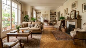 Salon chaleureux avec parquet en bois en point de Hongrie bien entretenu