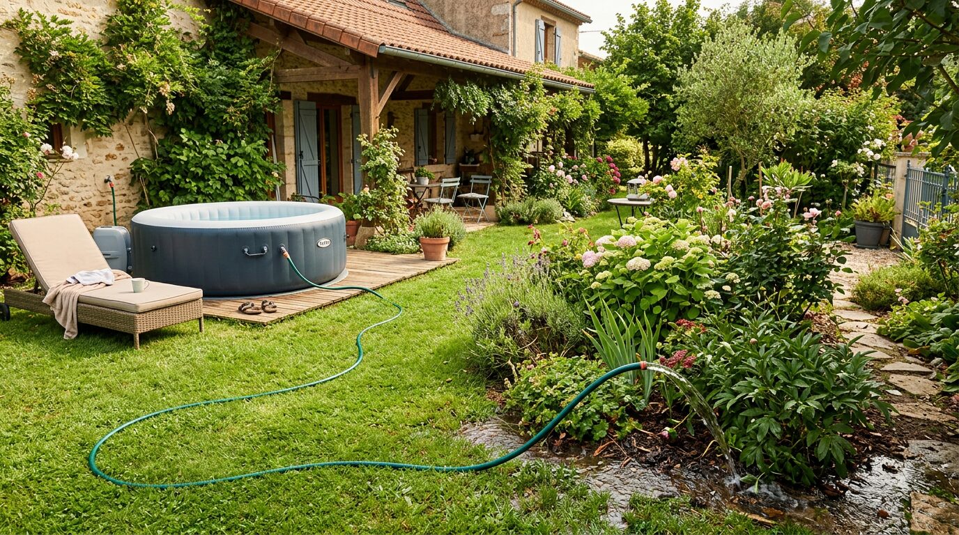 Arrosage du jardin avec l'eau vidangée d'un spa Parterre de plantes arrosé avec l'eau vidangée d'un spa gonflable via un tuyau