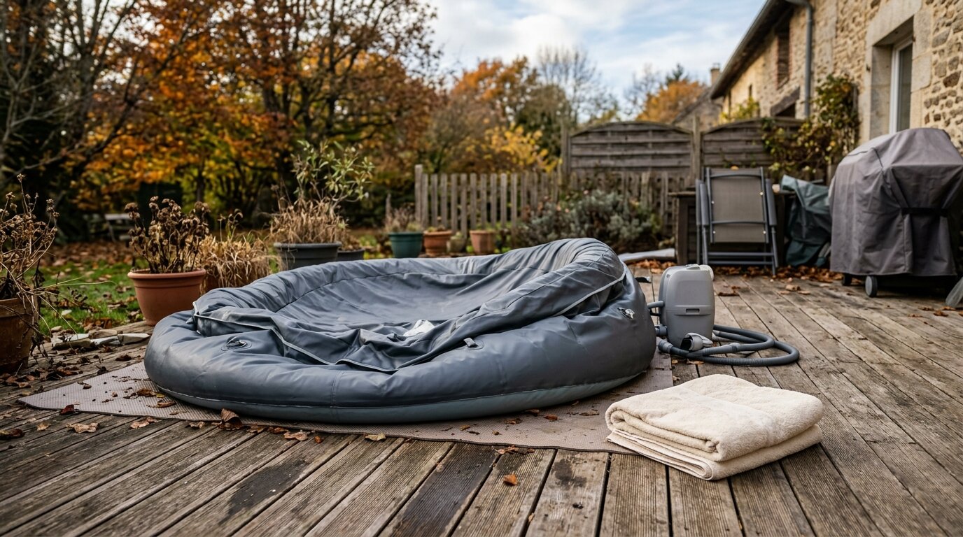 Spa gonflable dégonflé prêt à être rangé Spa gonflable vide et dégonflé sur une terrasse à côté d'une serviette pliée