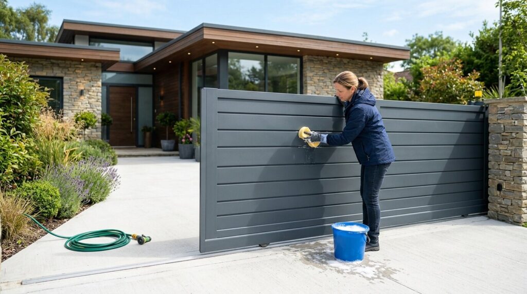 Nettoyage d'un portail en aluminium gris anthracite Propriétaire nettoyant un portail en aluminium gris anthracite avec une éponge douce et de l'eau savonneuse