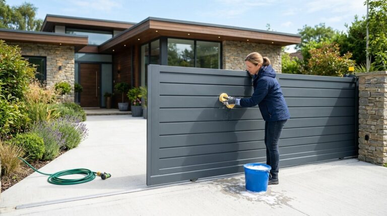 Nettoyage d'un portail en aluminium gris anthracite Propriétaire nettoyant un portail en aluminium gris anthracite avec une éponge douce et de l'eau savonneuse