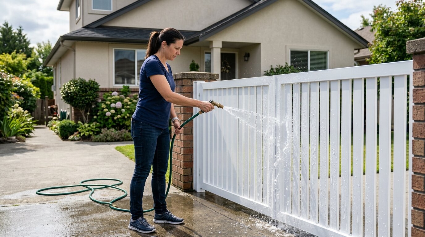 Rinçage à l'eau claire d'un portail aluminium Rinçage au tuyau d'arrosage d'un portail en aluminium blanc avant le lavage à l'éponge