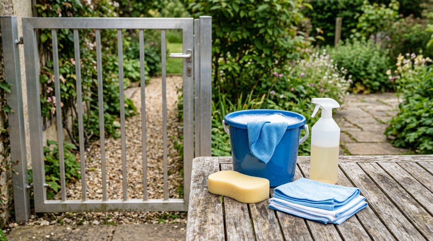 Produits doux pour un portail en aluminium Seau d'eau savonneuse, éponge douce et chiffon microfibre préparés pour nettoyer un portail en aluminium