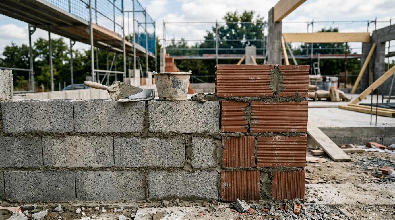 Mur en construction comparant côte à côte des blocs de parpaing et des briques en terre cuite