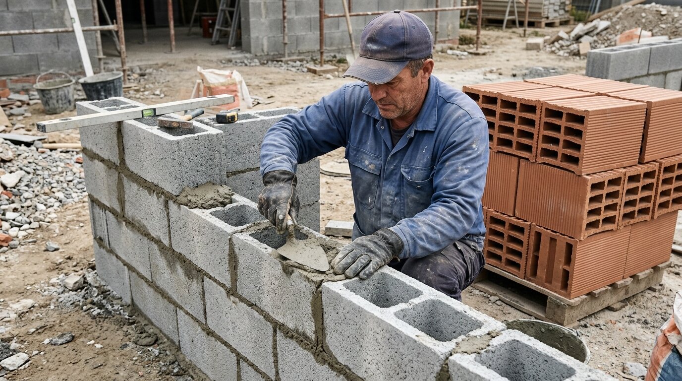 Pose de parpaings et de briques sur chantier Maçon posant des blocs de parpaing au mortier à côté de briques en terre cuite empilées