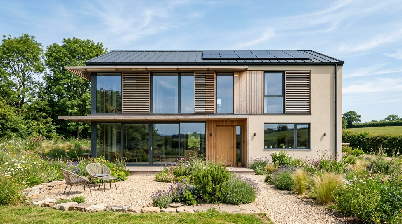 Maison individuelle pensée pour la RE2020 Maison individuelle moderne bien isolée avec grandes ouvertures orientées sud et protections solaires