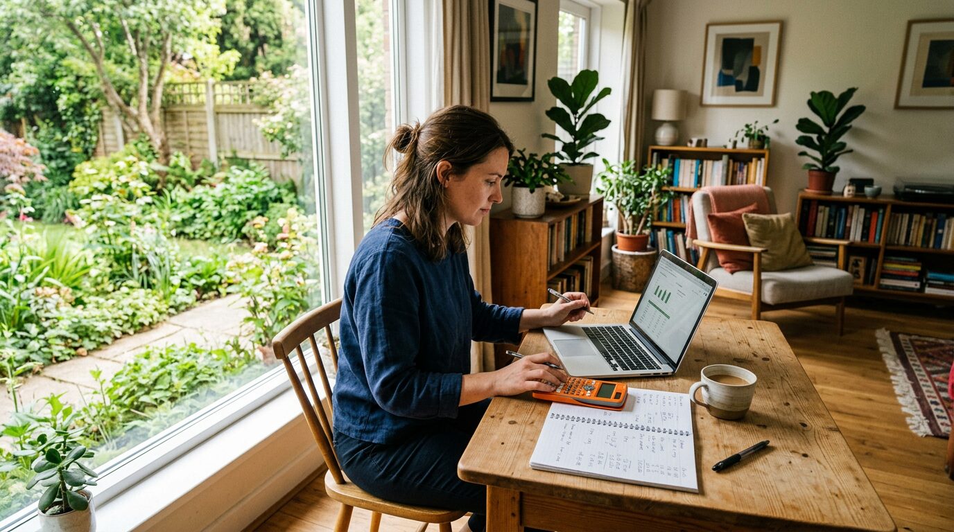 Personne calculant un budget de travaux de rénovation sur un ordinateur