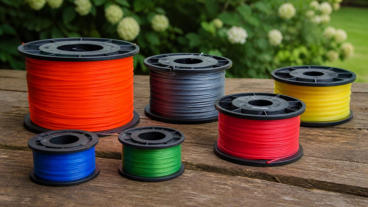 Bobines de fil de débroussailleuse diamètres variés Plusieurs bobines de fil nylon de débroussailleuse de diamètres différents posées sur une table