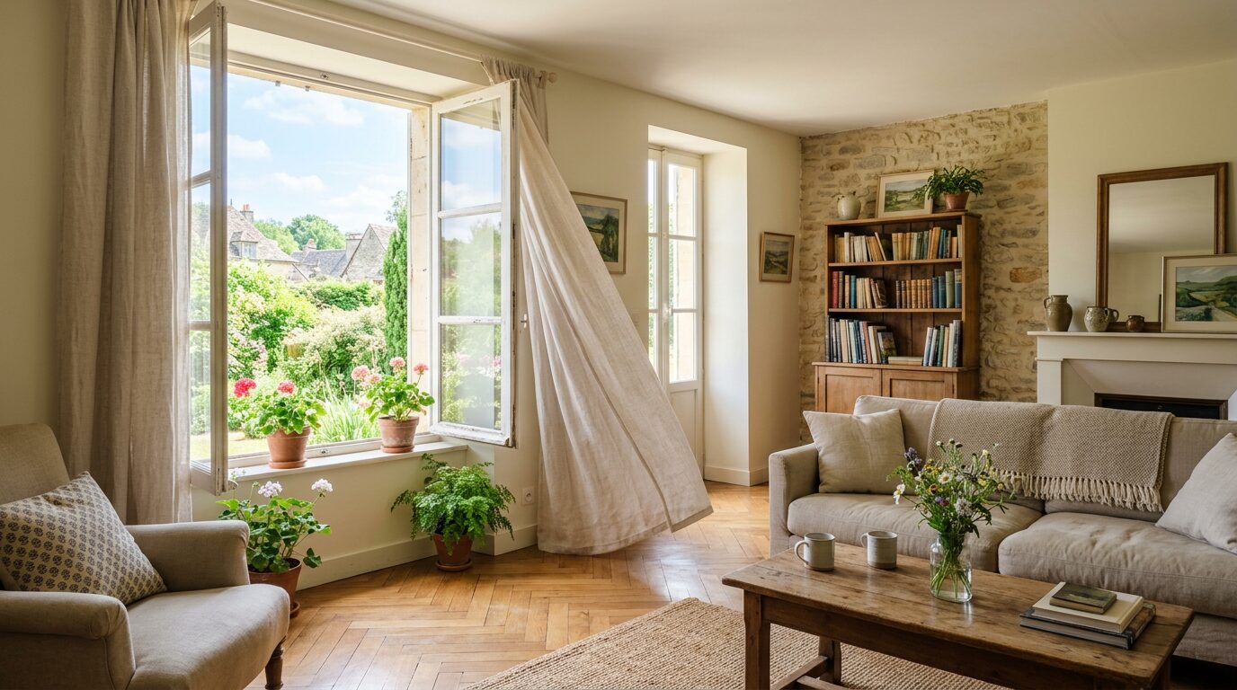 Pièce aérée avec parquet en bois bien entretenu Salon lumineux avec fenêtre ouverte et parquet en bois bien entretenu à l'abri de l'humidité