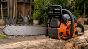 Chaîne de tronçonneuse montée sur son guide dans un atelier de jardin