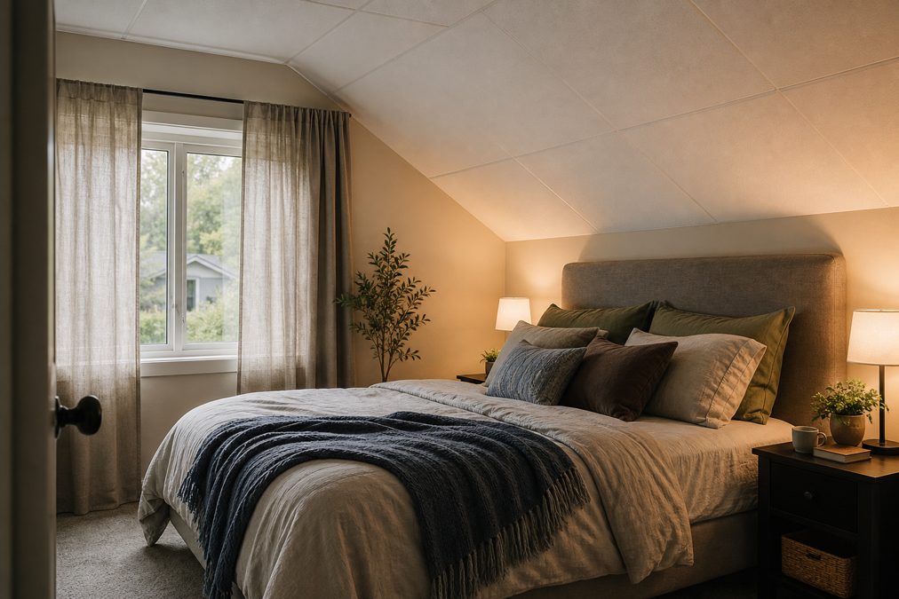 Chambre sous combles avec plafond acoustique suspendu et éclairage tamisé