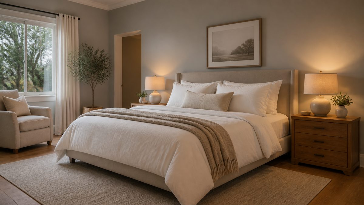 Chambre apaisante en gris taupe et blanc Chambre à coucher aux murs gris taupe avec linge de lit blanc et bois clair