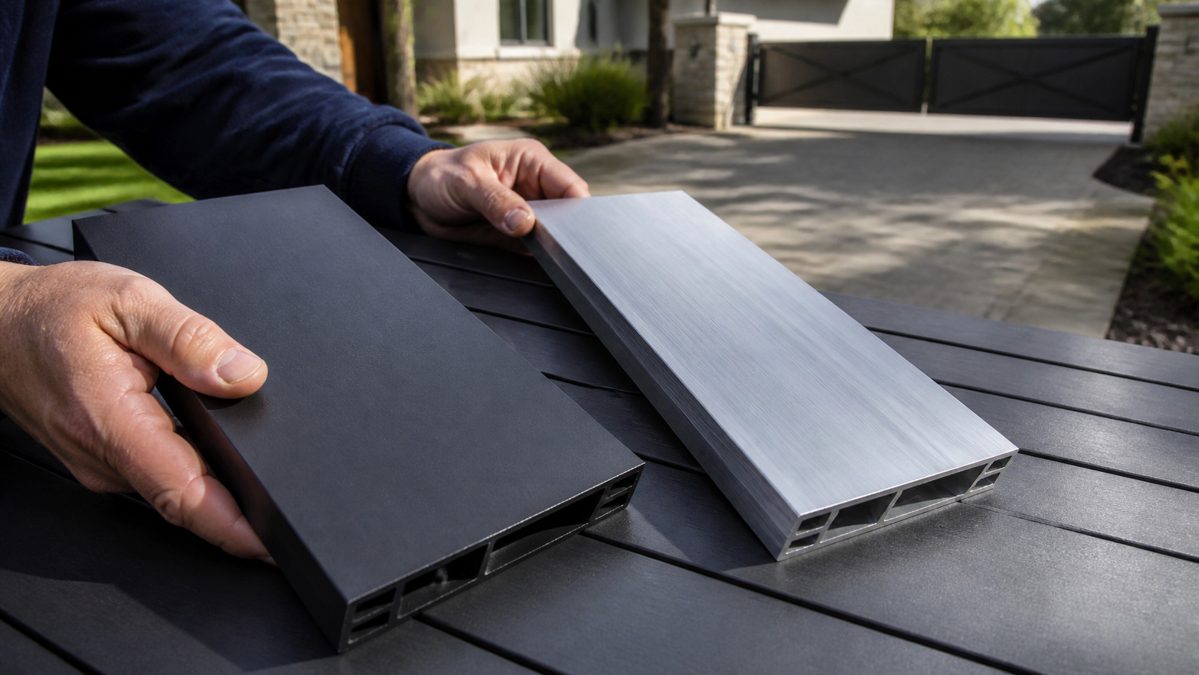 Comparaison d'échantillons portail acier et aluminium Deux échantillons de métal, acier et aluminium, posés côte à côte pour comparaison