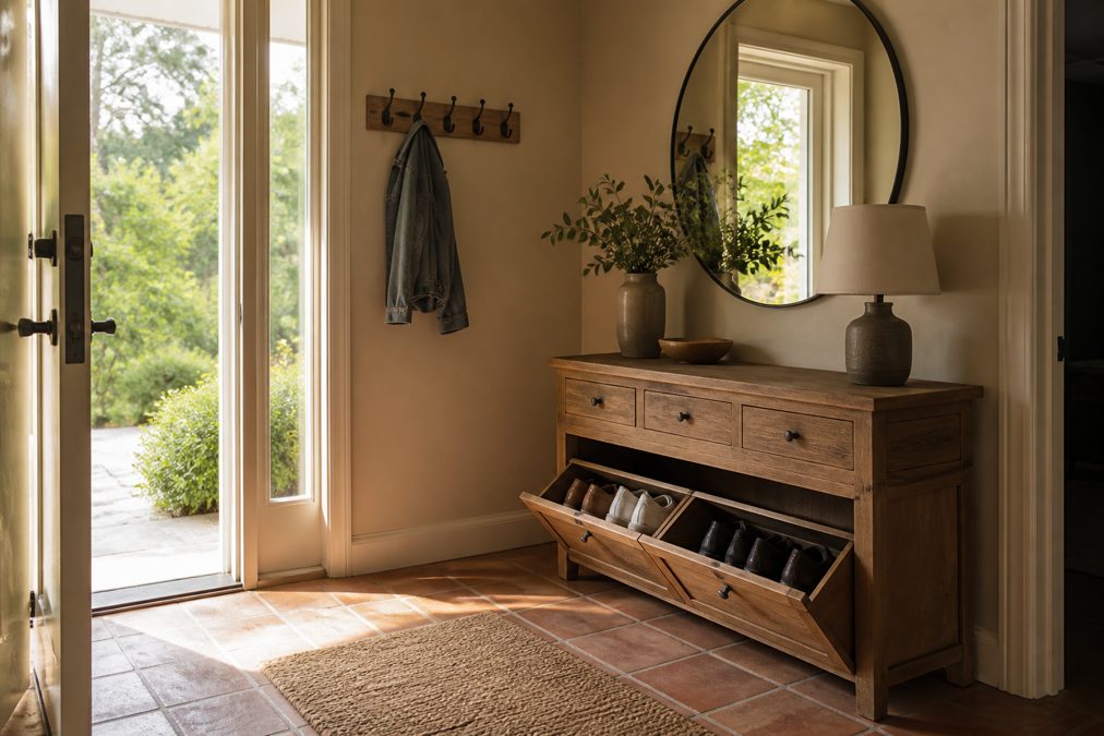 Console en bois avec rangement chaussures, miroir et portemanteau dans une entrée