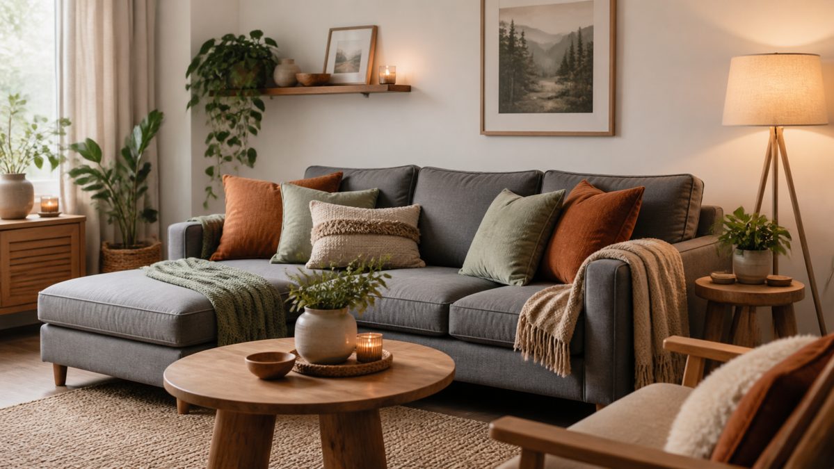 Coussins terracotta pour réchauffer un salon gris Canapé gris et blanc réchauffé par des coussins terracotta et vert sauge