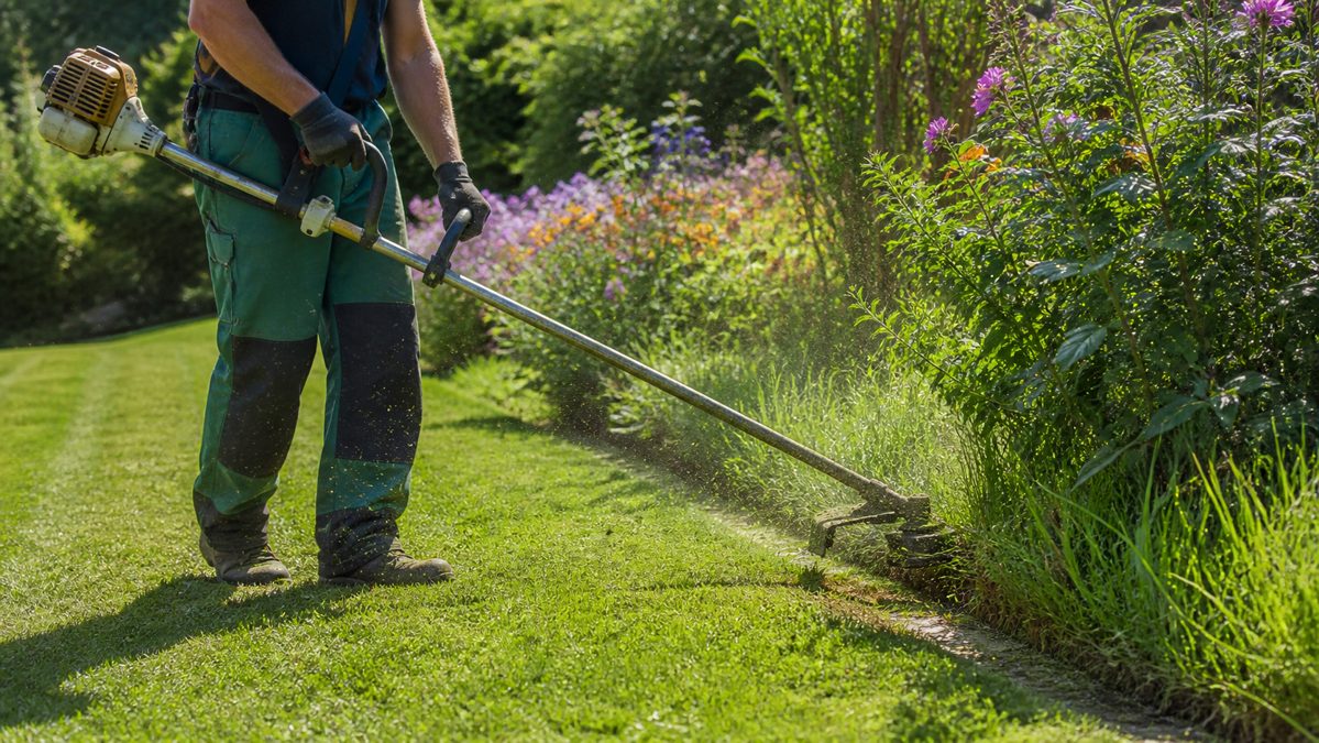 Jardinier utilisant une débroussailleuse avec un fil de coupe neuf le long d'une bordure