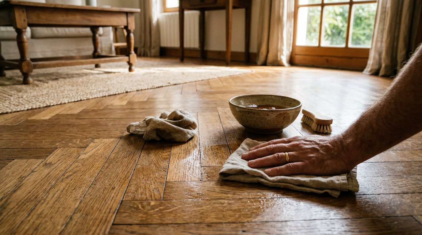 Nettoyage doux d'un parquet taché avec un chiffon Nettoyage à la main d'un parquet en bois avec un chiffon et du savon noir