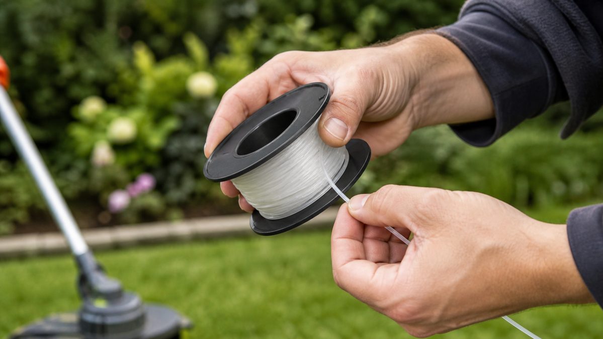 Enroulement du fil sur la bobine Mains en train d'enrouler soigneusement du fil nylon autour d'une bobine de débroussailleuse