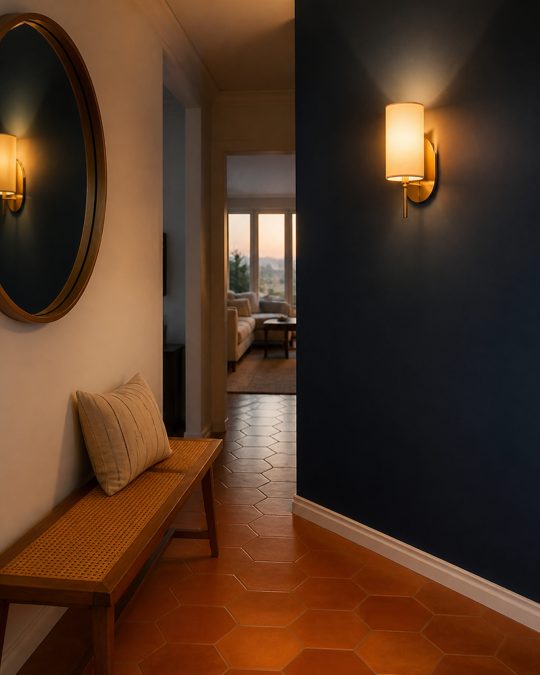 Entrée peinte en bleu marine avec applique murale, miroir et banc en bois