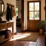 Entrée de maison chaleureuse avec console bois, miroir et lumière naturelle