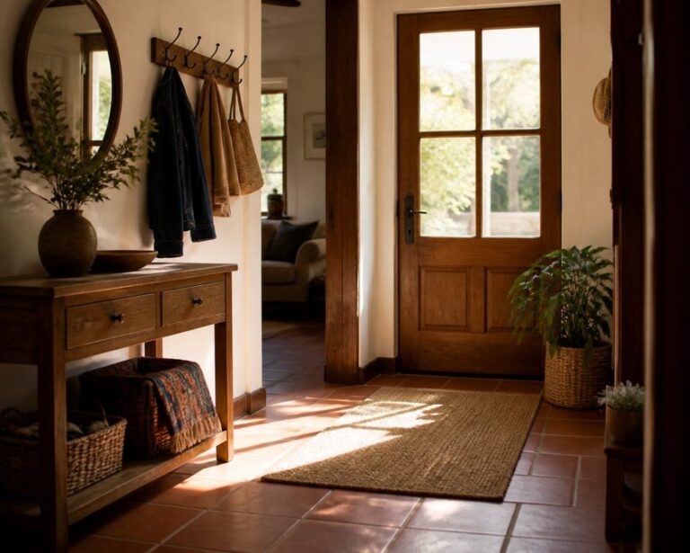 Entrée de maison accueillante et bien aménagée Entrée de maison chaleureuse avec console bois, miroir et lumière naturelle