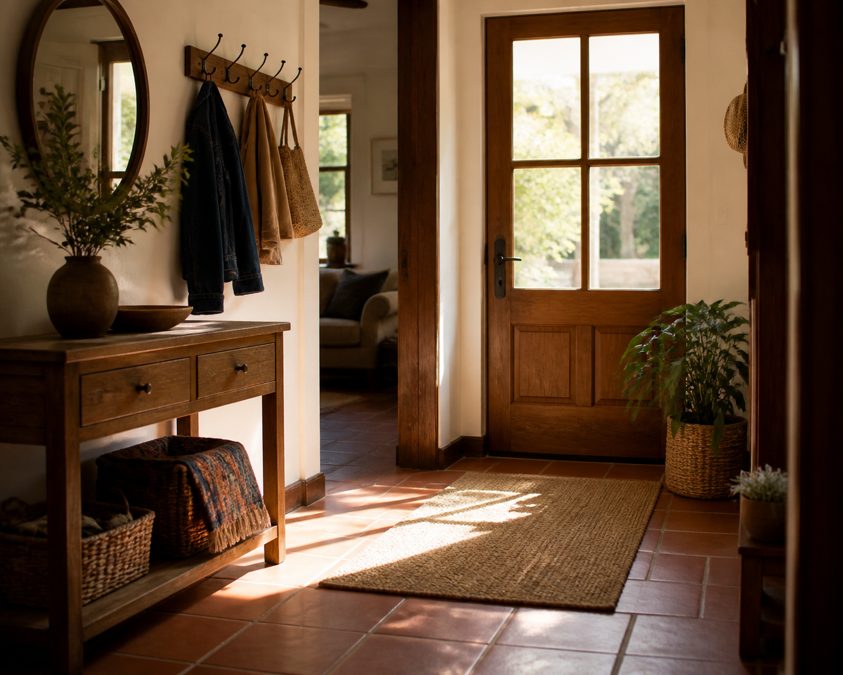 Entrée de maison chaleureuse avec console bois, miroir et lumière naturelle