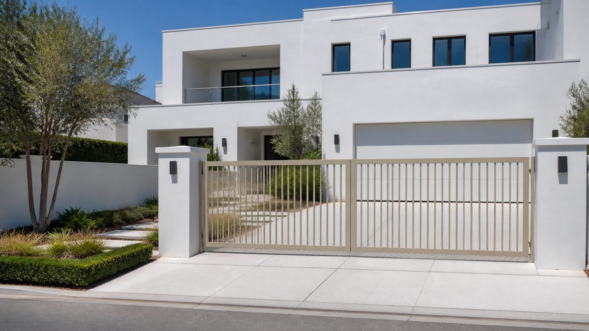 Façade contemporaine avec portail battant clair Maison contemporaine blanche avec portail battant aluminium beige clair