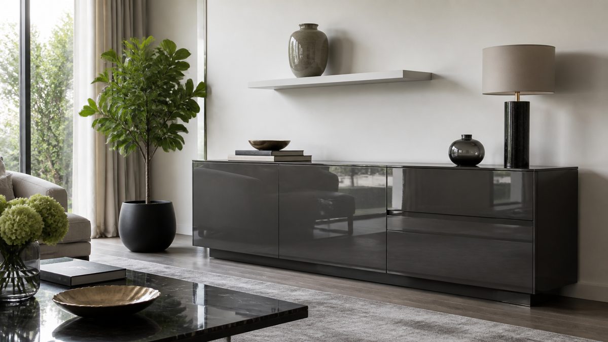 Finition laquée et céramique émaillée en décoration grise Buffet gris laqué brillant et vase en céramique émaillée sur étagère blanche