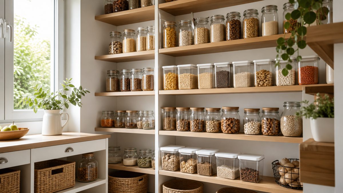 Placard de cuisine avec des boîtes hermétiques pour stocker la nourriture