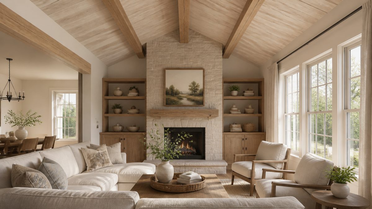 Plafond en lambris lasuré dans un salon chaleureux Plafond en lambris de bois lasuré laissant apparaître le veinage du bois
