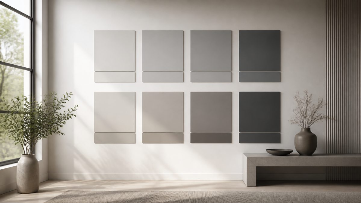 Nuances de gris testées selon la lumière naturelle Échantillons de peinture gris clair et gris foncé posés sur un mur blanc éclairé