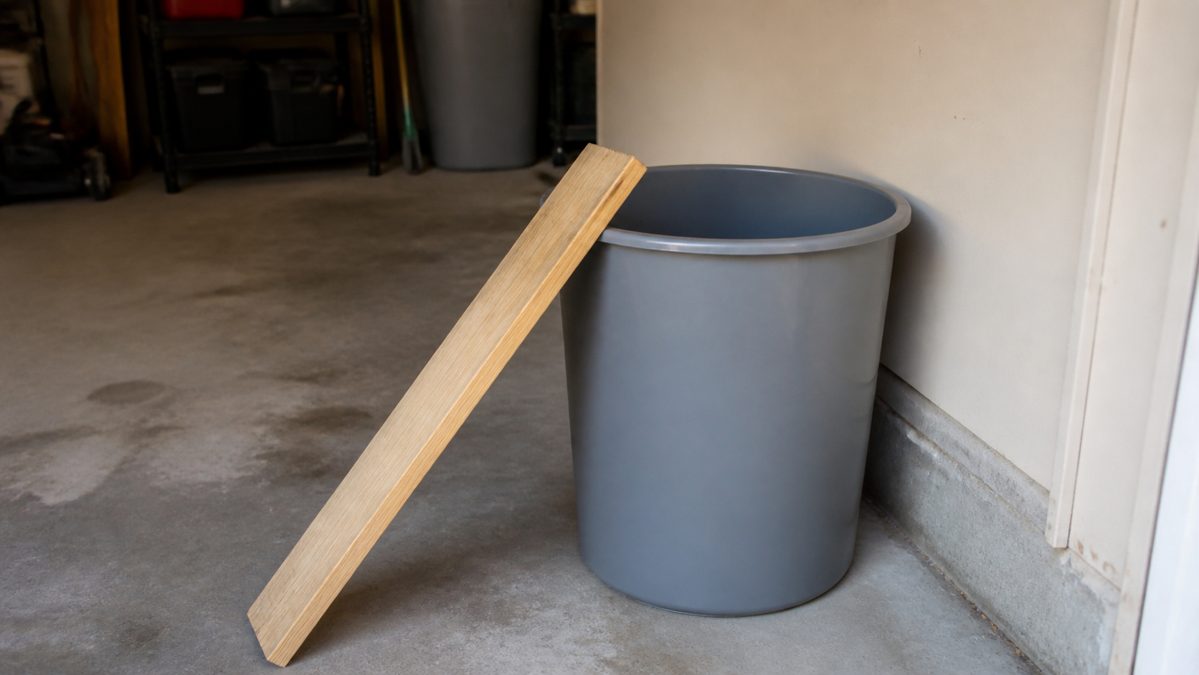 Piège à rat artisanal fabriqué avec un seau haut et une planche en rampe