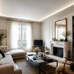 Salon avec plafond acoustique suspendu Salon lumineux avec plafond acoustique suspendu blanc et éclairage périphérique intégré