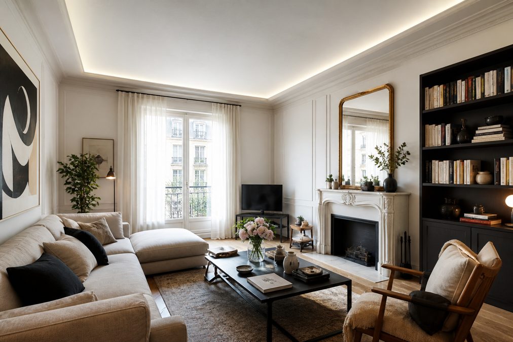 Salon lumineux avec plafond acoustique suspendu blanc et éclairage périphérique intégré