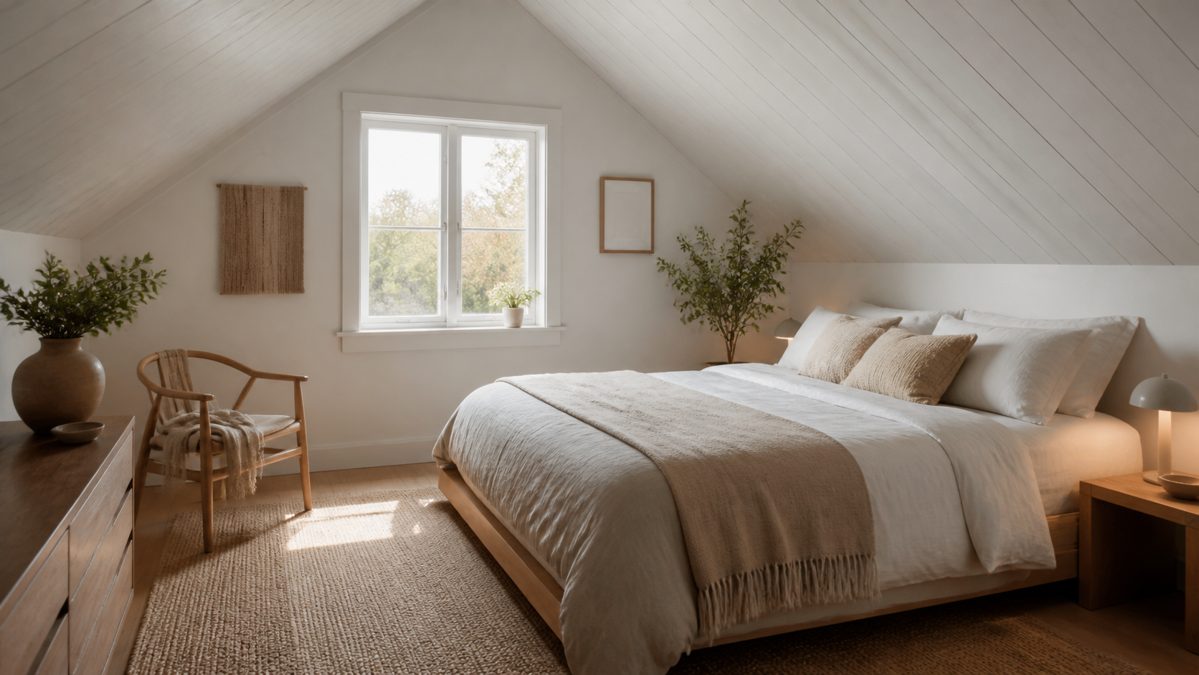 Plafond en lambris bois repeint en blanc dans une chambre lumineuse