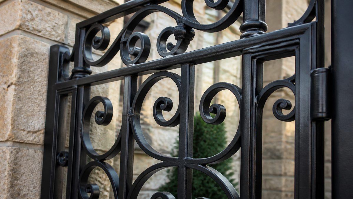 Détail d'un portail en acier au motif travaillé Gros plan sur un portail en acier noir avec motifs ajourés fins