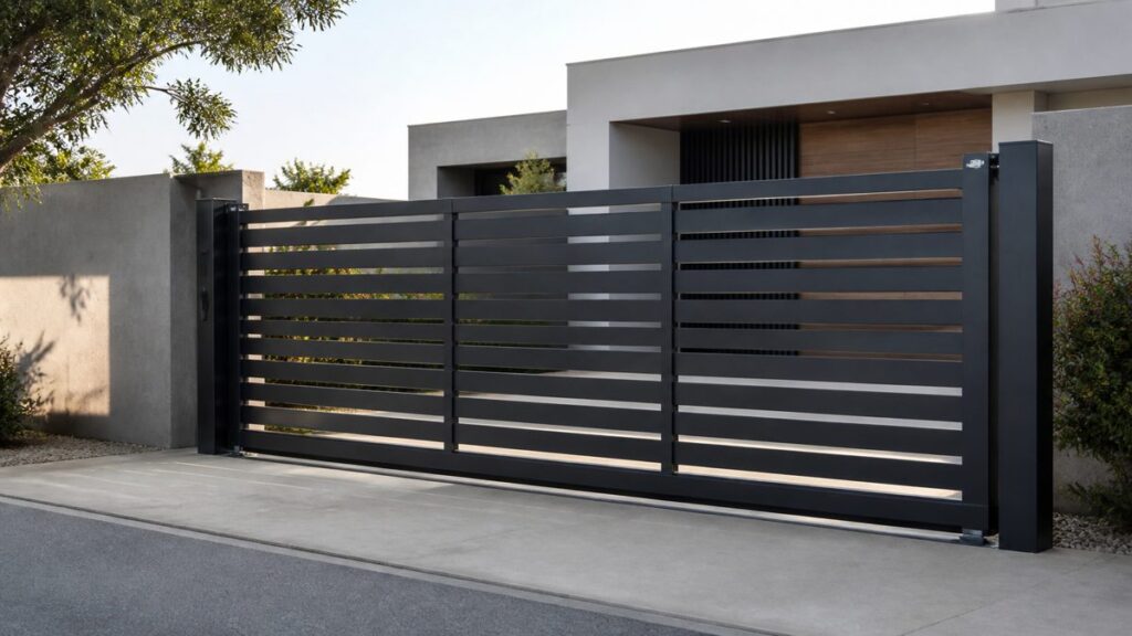 Portail aluminium contemporain à l'entrée d'une maison Portail coulissant en aluminium gris anthracite devant une maison moderne