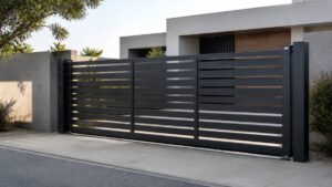 Portail coulissant en aluminium gris anthracite devant une maison moderne