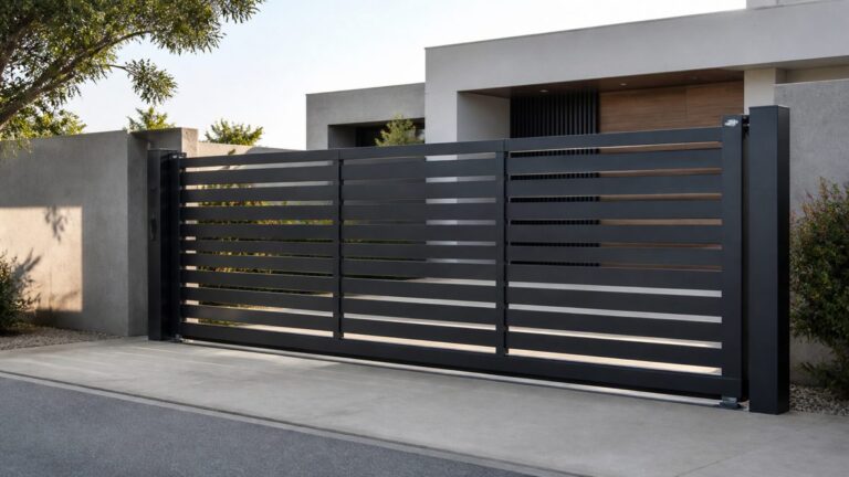 Portail aluminium contemporain à l'entrée d'une maison Portail coulissant en aluminium gris anthracite devant une maison moderne