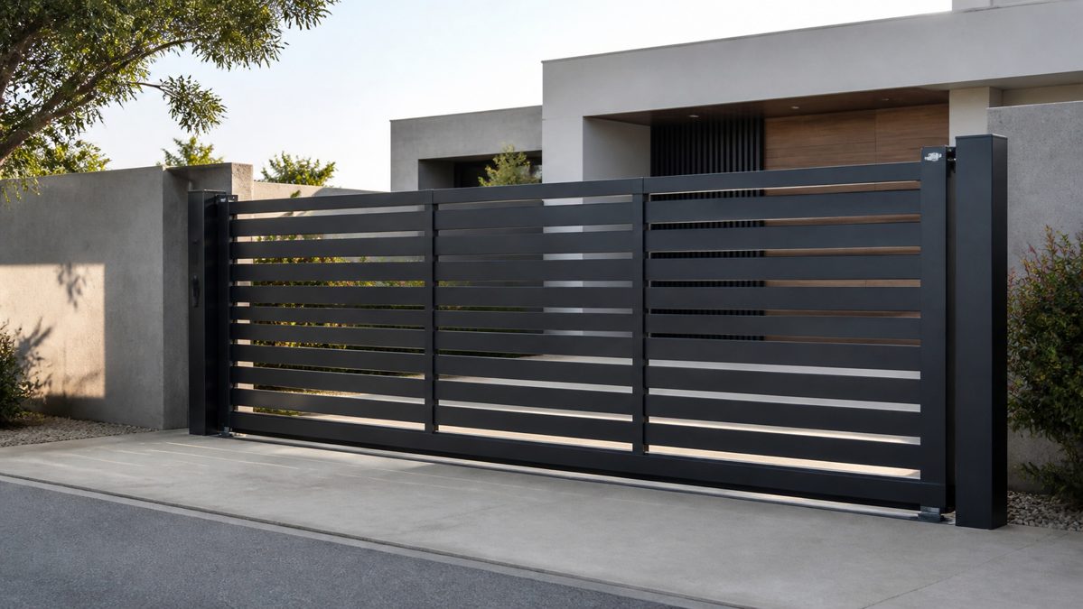 Portail aluminium contemporain à l'entrée d'une maison Portail coulissant en aluminium gris anthracite devant une maison moderne