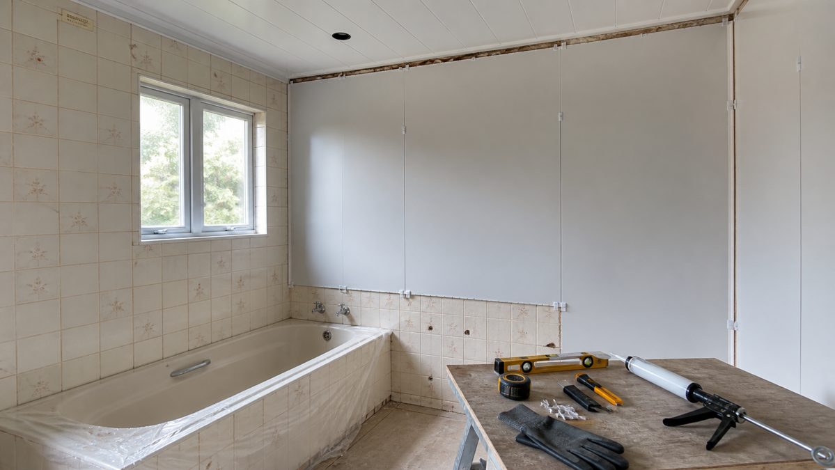 Pose de panneaux muraux sur carrelage existant Panneaux muraux posés directement sur l'ancien carrelage d'une salle de bain