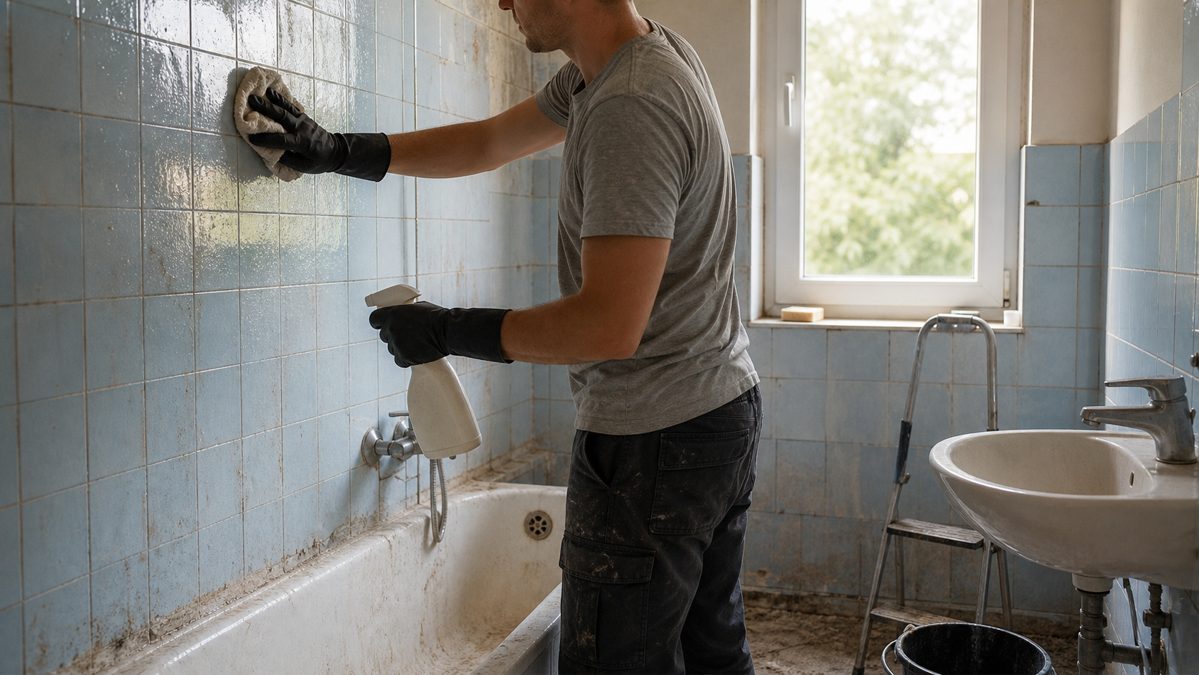 Préparation du support avant rénovation murale Nettoyage et dégraissage d'un mur carrelé avant application d'un revêtement