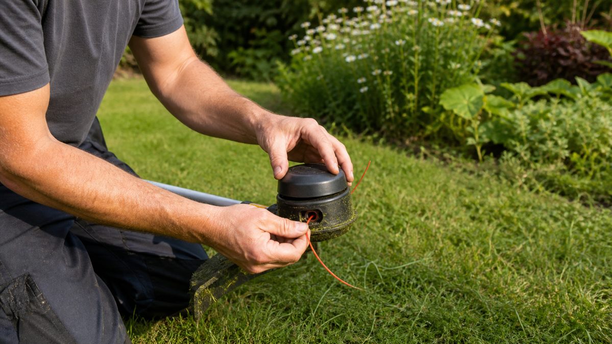 Remontage de la tête de la débroussailleuse Personne qui remonte le capot de la tête de coupe d'une débroussailleuse dans le jardin