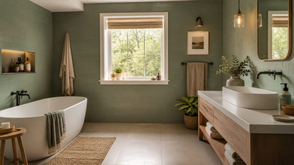 Salle de bain rénovée peinture carrelage vert sauge Mur de salle de bain repeint en vert sauge sans dépose du carrelage existant