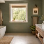 Mur de salle de bain repeint en vert sauge sans dépose du carrelage existant