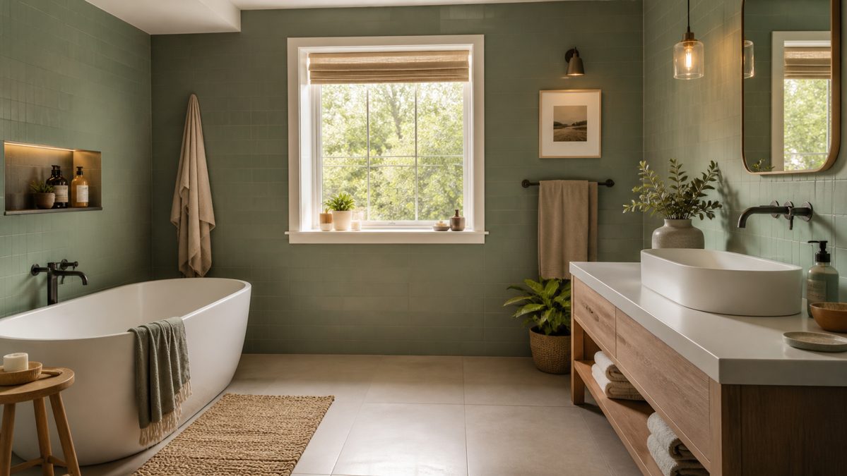 Mur de salle de bain repeint en vert sauge sans dépose du carrelage existant