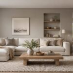 Salon moderne aux tons gris et blanc chaleureux Salon décoré en gris perle et blanc avec canapé, bois clair et tapis en laine