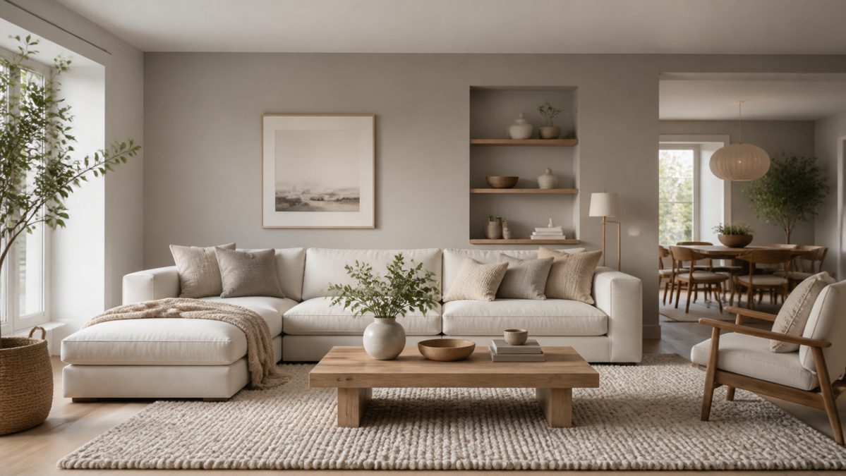 Salon moderne aux tons gris et blanc chaleureux Salon décoré en gris perle et blanc avec canapé, bois clair et tapis en laine